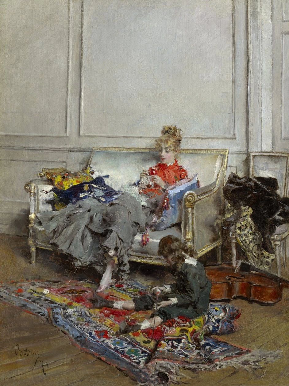 Giovane donna che fa l'uncinetto. 1875